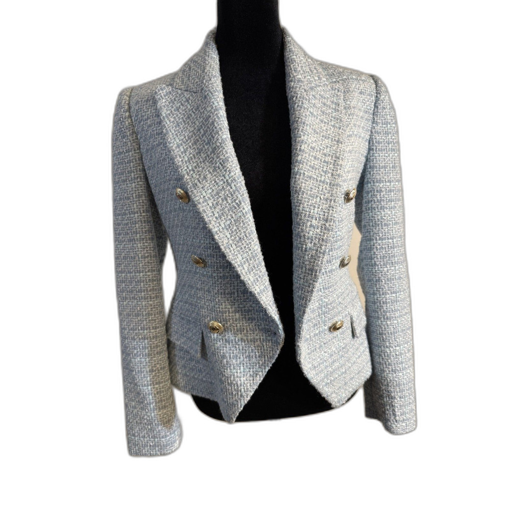 Zara Light Blue Tweed Double-Breasted Blazer — Gold Buttons, Structured